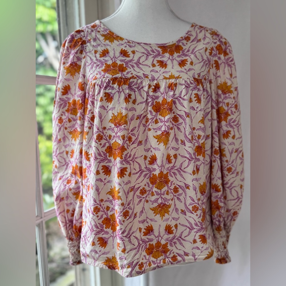 Floral Boho Blouse in Orange and Mauve Size S 🧡💜🤍